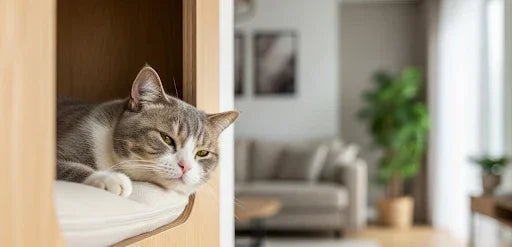 Un chat élégant se repose confortablement dans une niche en bois de style scandinave. À moitié endormi, il a l'air paisible et adorable. La lumière douce et l'arrière-plan flou créent une atmosphère chaleureuse et cosy.