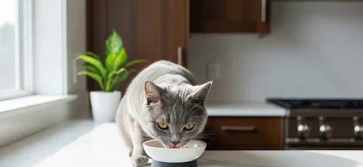 Un chat British Shorthair mange dans sa gamelle sur un comptoir de cuisine moderne. La lumière du jour illumine la scène, mettant en valeur le chat concentré et l'ambiance épurée de la pièce. Il a l'air en pleine santé.