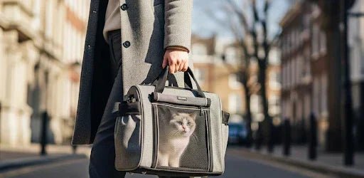 Une personne élégante marche dans une rue chic, tenant un sac de transport moderne. Un adorable chaton regarde par la fenêtre en maille, curieux. L'arrière-plan flou crée une atmosphère de vie urbaine et stylée.