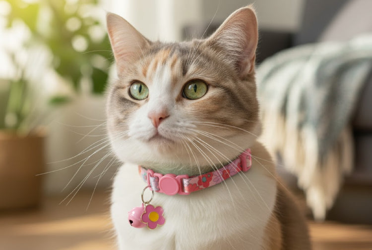 Collier chat boucle fleur rose