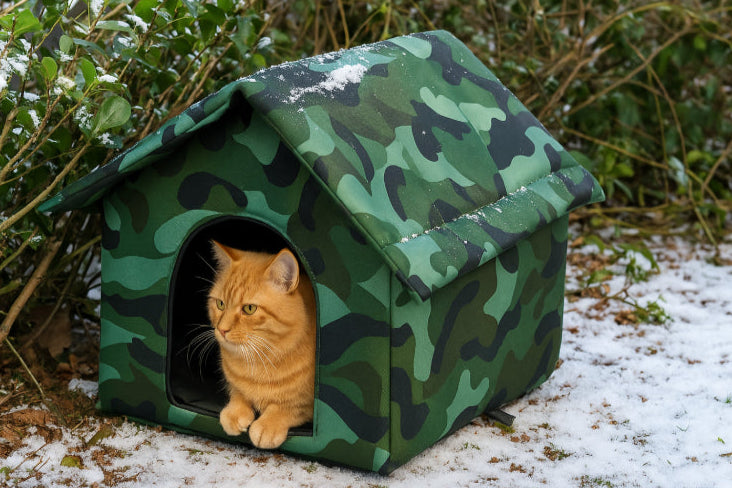 Niche pour chat extérieur isolée le neige