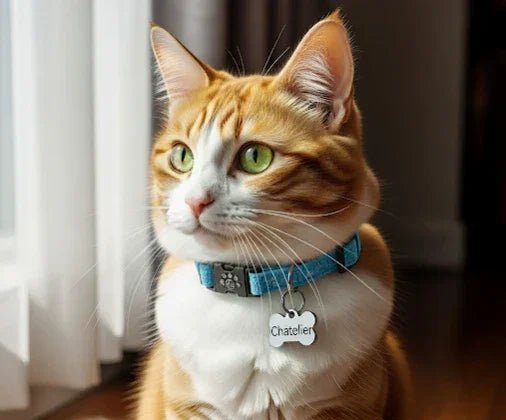 Gros plan réaliste d'un chat roux et blanc, format 16:9. Yeux verts vifs. Il porte un collier bleu avec une médaille en os sur laquelle est gravé "Chatelier". Lumière douce et naturelle. Ambiance calme et attendrissante.