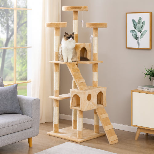 Arbre a chat beige avec 2 niches salon gris