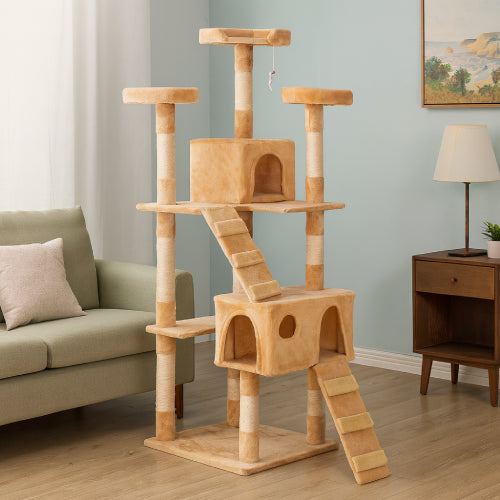 Arbre a chat beige avec 2 niches salon vert