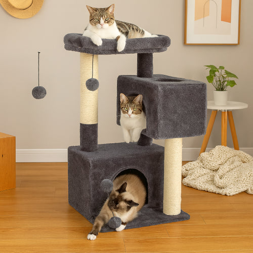 Arbre a chat noir et rouge salon gris foncé 