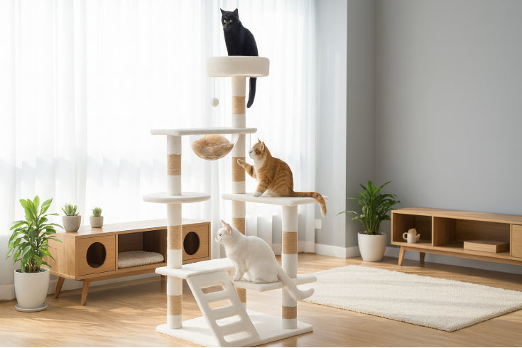 Arbre à chat blanc chat noir