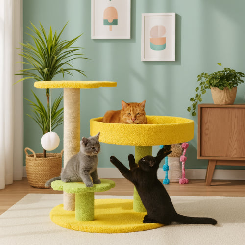 Arbre à chat maison vert jaune