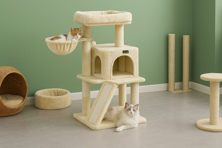 Arbre à chat rose claire fond vert