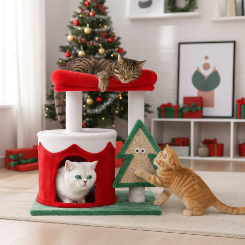 Arbre à chat sapin de noël coussin rouge 