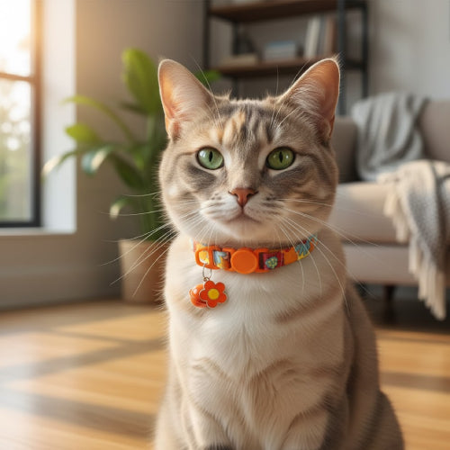 Collier chat boucle fleur orange 