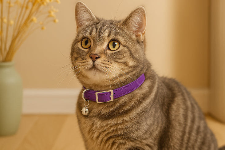Collier chat cuir anti étranglement violet cou 