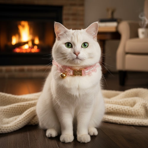 Collier chat gravé dentelle rose 