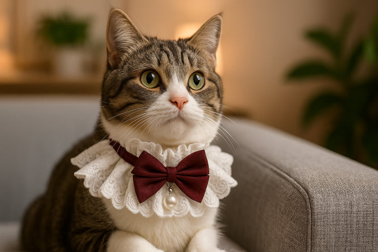 Collier chat nœud papillon rouge canapé 