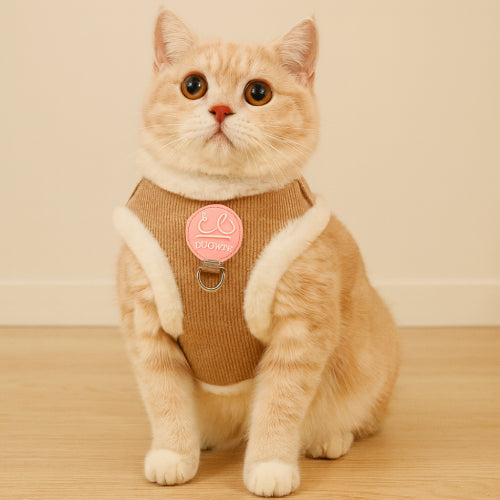 Harnais fourrure pour chat marron peluche blanc