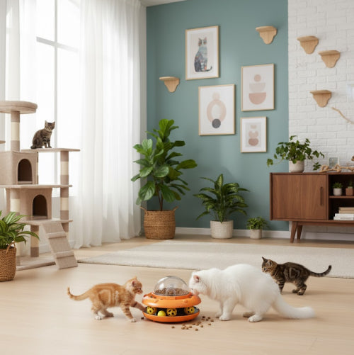 Jouet distributeur de croquettes pour chat balle jaune