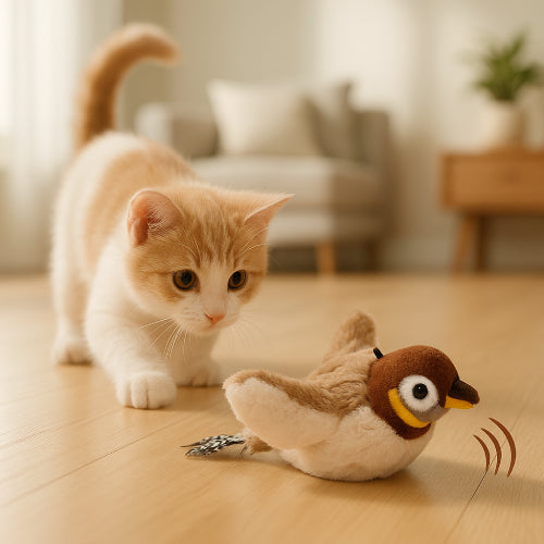 Jouet oiseau pour chat beige marron 