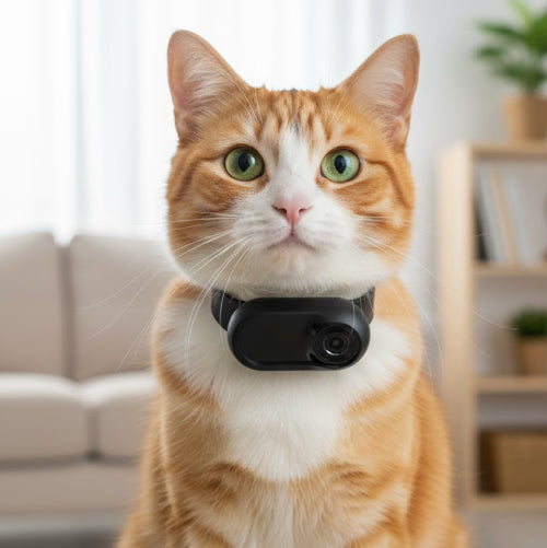 Mini camera collier chat noir  salon 