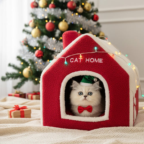 Niche de noël chat papillon  rouge 